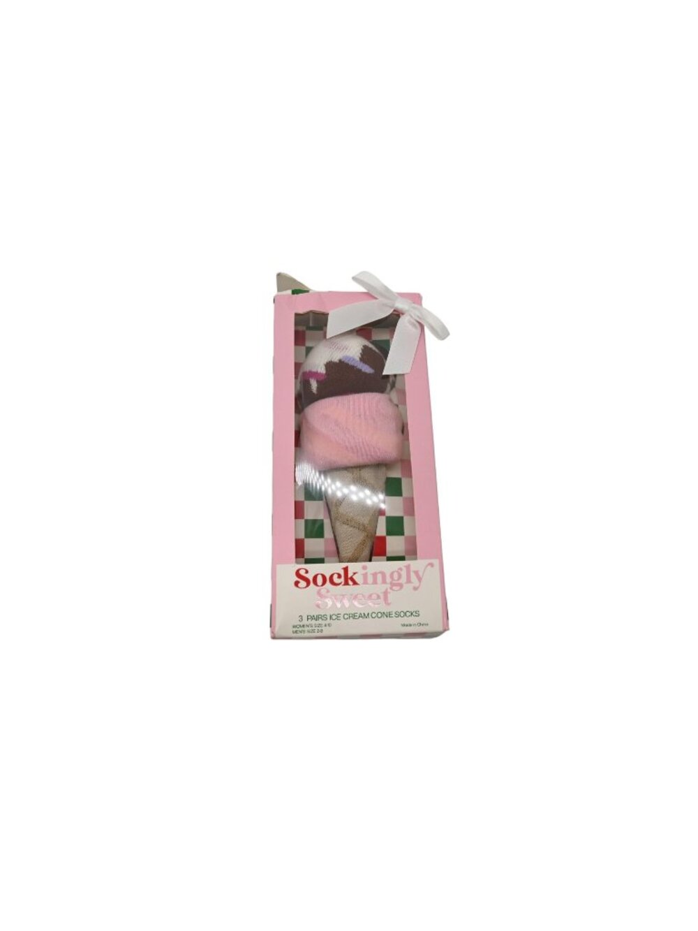 NIP Sockingly Sweet 3 Pair Ice Cream Cone Socks Shoe Sz 4-10 Pink Brown Gift Box